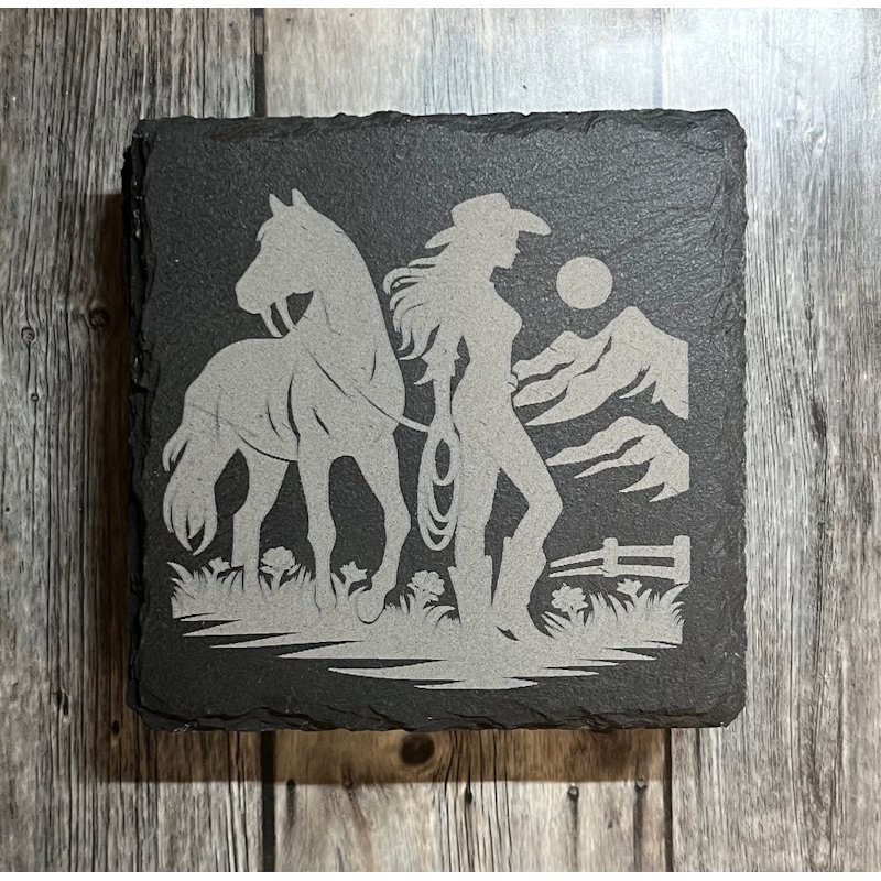 (image for) Horse and Cowgirl, 4" Slate Coaster, set of 4