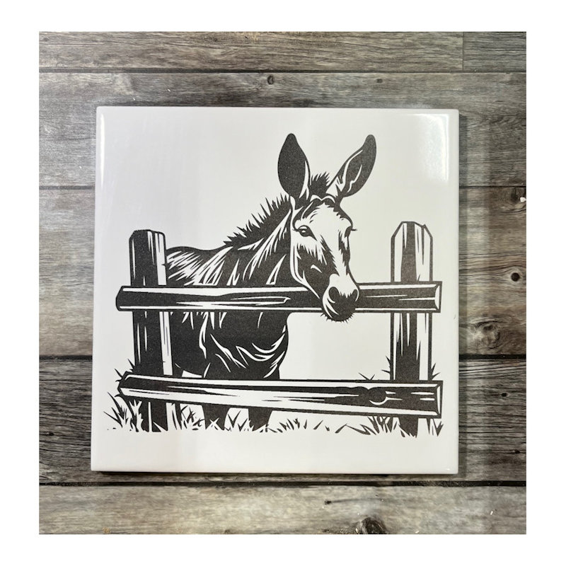 (image for) Ceramic Trivet, 6" Square with a Mule at the fence