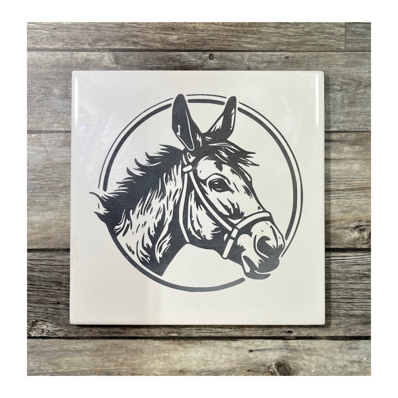(image for) Ceramic Trivet, 6" Square with a Mule Laser etched. Will not wash or scratch off.