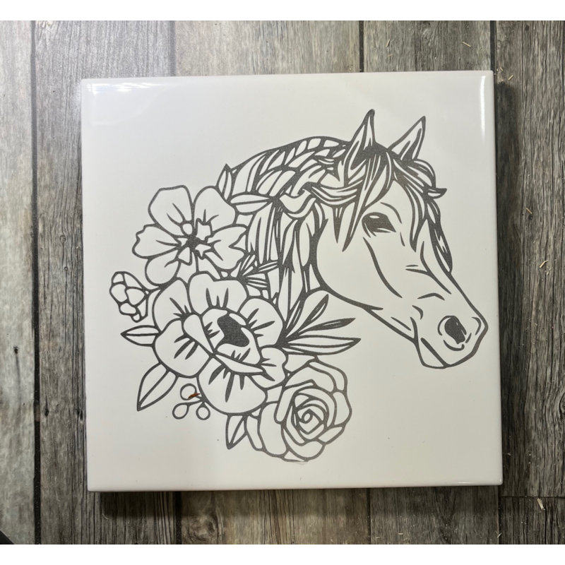 (image for) Ceramic Trivet, 6" Square with a Horse and Roses