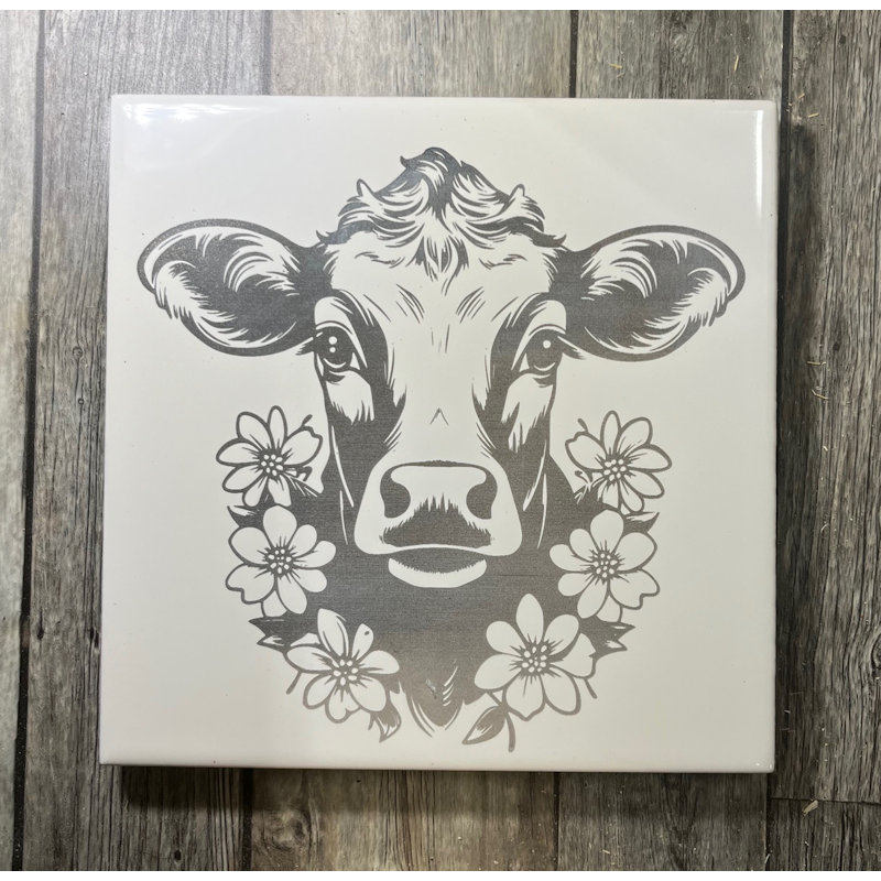(image for) Ceramic Trivet, 6" Square with a Cow and Flowers