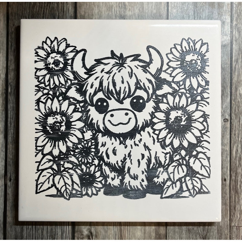 (image for) Ceramic Trivet, 6" Square with a Highland Cow and Flowers