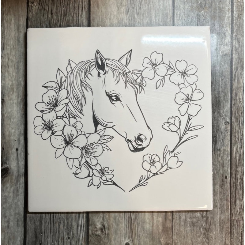 (image for) Ceramic Trivet, 6" Square with a Horse and Flowers