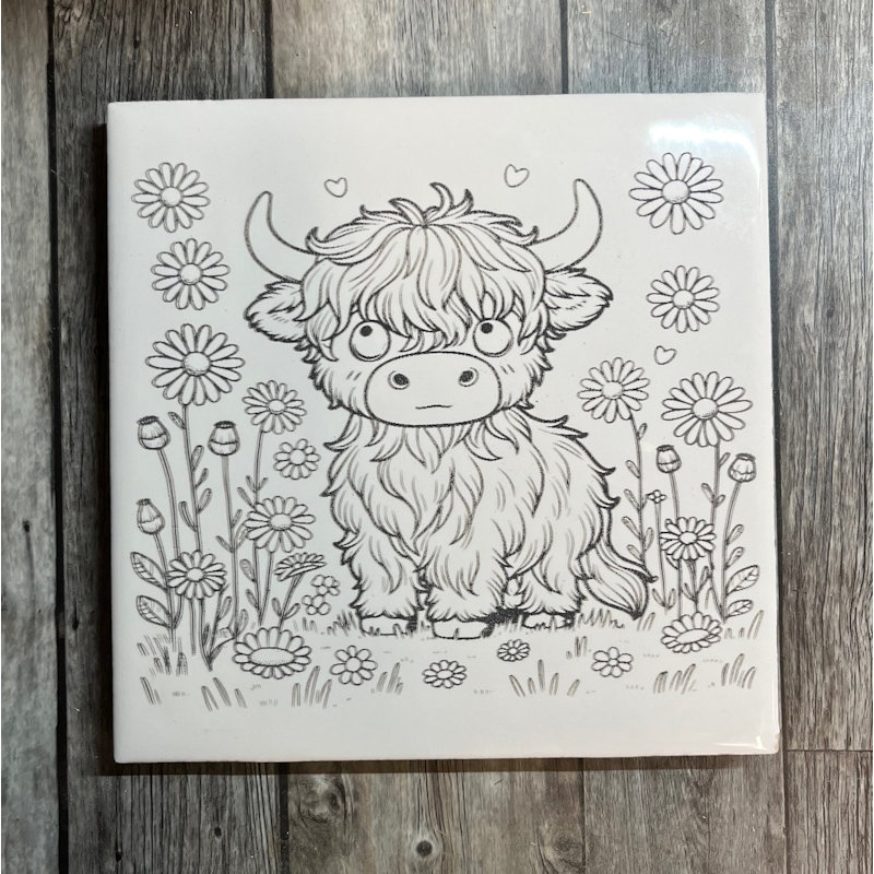 (image for) Ceramic Trivet, 6" Square with a Highland Cow and Flowers